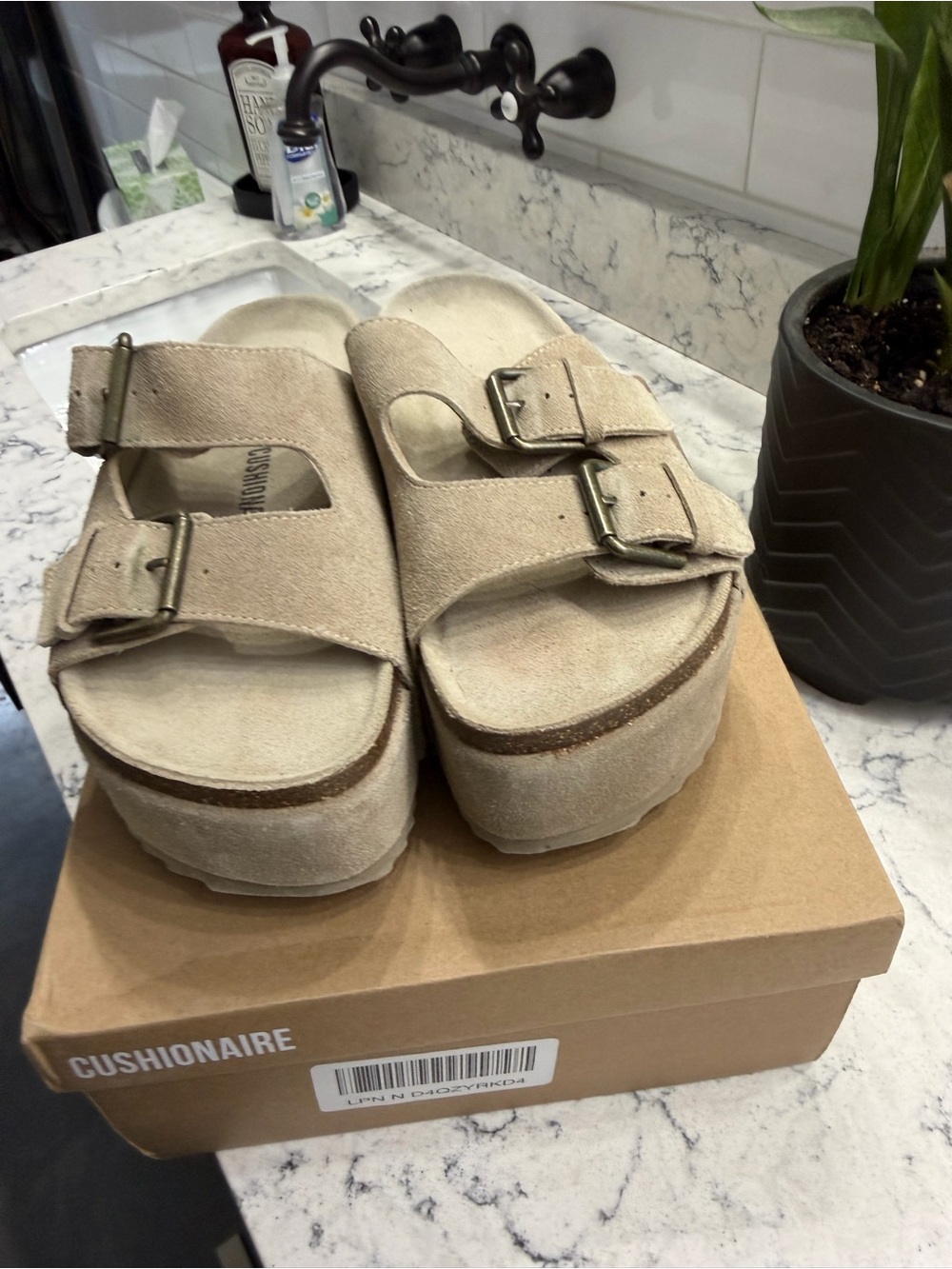 Cushionaire Beige Suede Platform Slide Mules
